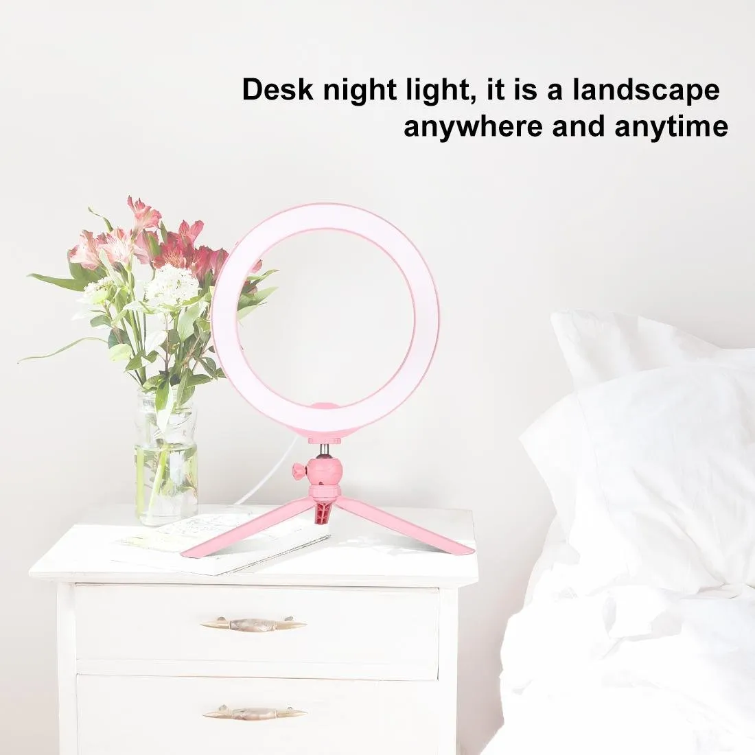 10.2" Selfie Beauty Light with Tripod Mount & USB 3 Modes Dimmable LED Ring for Vlogging & Photography | Cold Shoe Ball Head & Phone Clamp | Black
