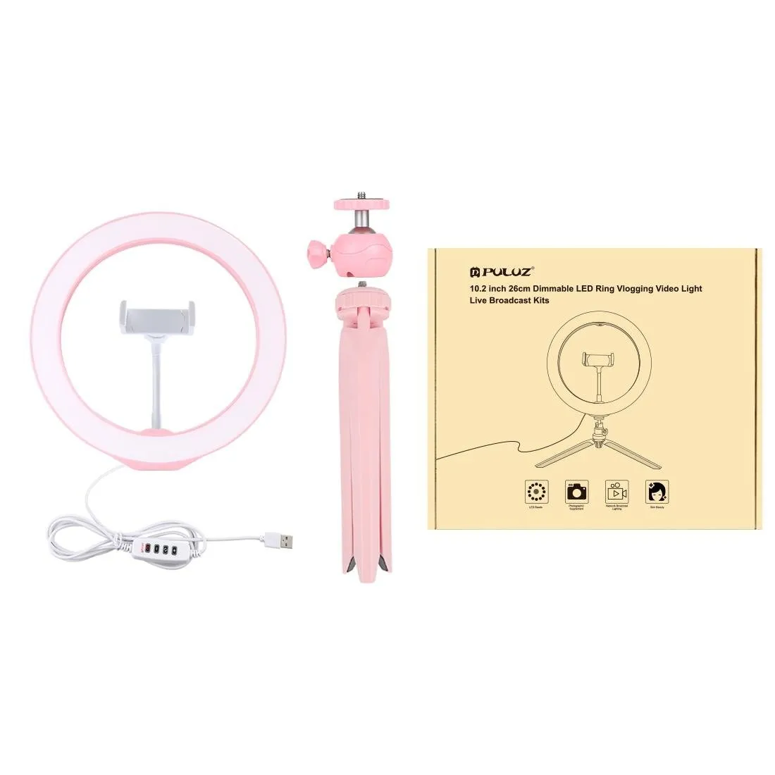 10.2" Selfie Beauty Light with Tripod Mount & USB 3 Modes Dimmable LED Ring for Vlogging & Photography | Cold Shoe Ball Head & Phone Clamp | Black