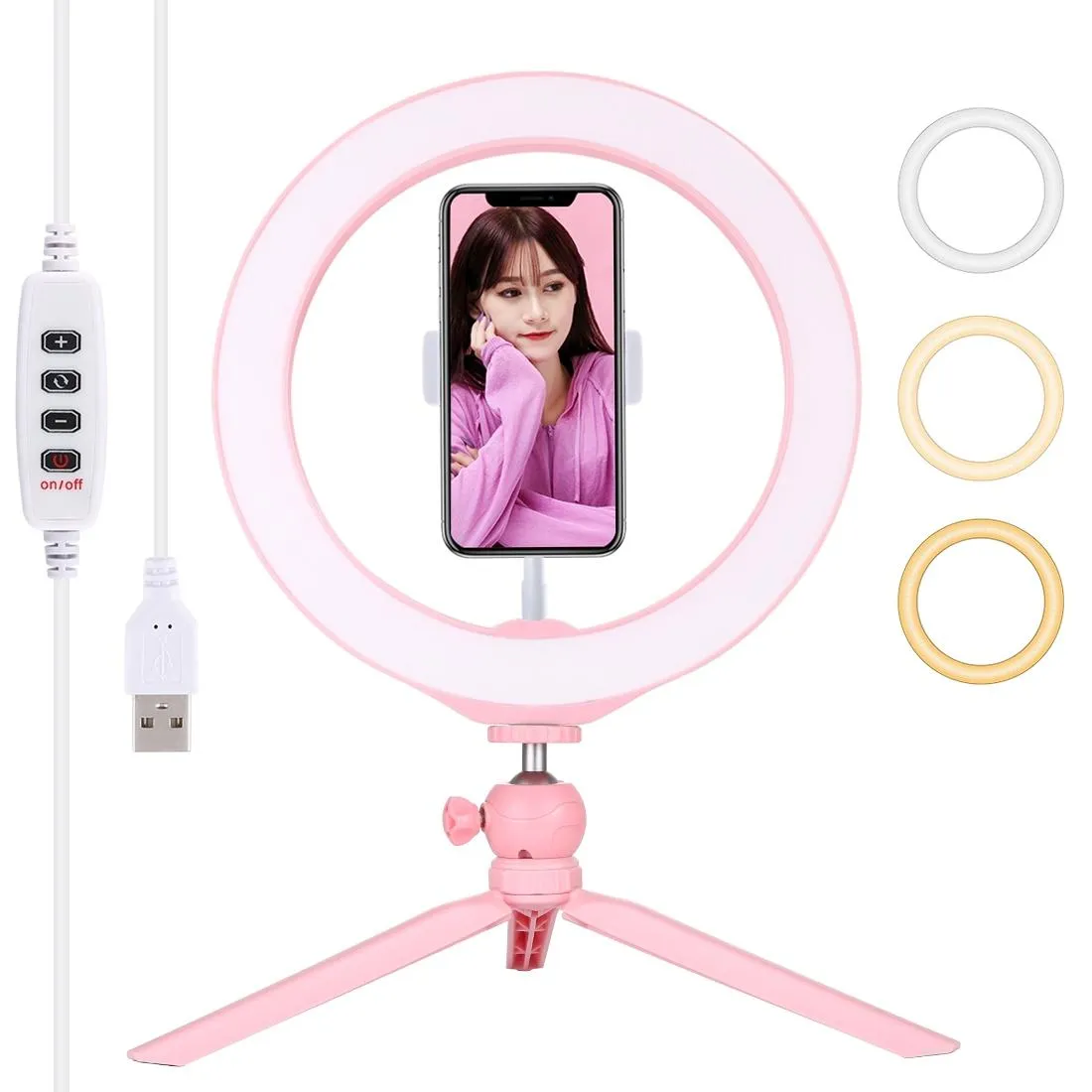 10.2" Selfie Beauty Light with Tripod Mount & USB 3 Modes Dimmable LED Ring for Vlogging & Photography | Cold Shoe Ball Head & Phone Clamp | Black