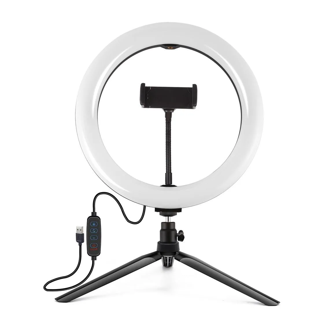 10.2" Selfie Beauty Light with Tripod Mount & USB 3 Modes Dimmable LED Ring for Vlogging & Photography | Cold Shoe Ball Head & Phone Clamp | Black