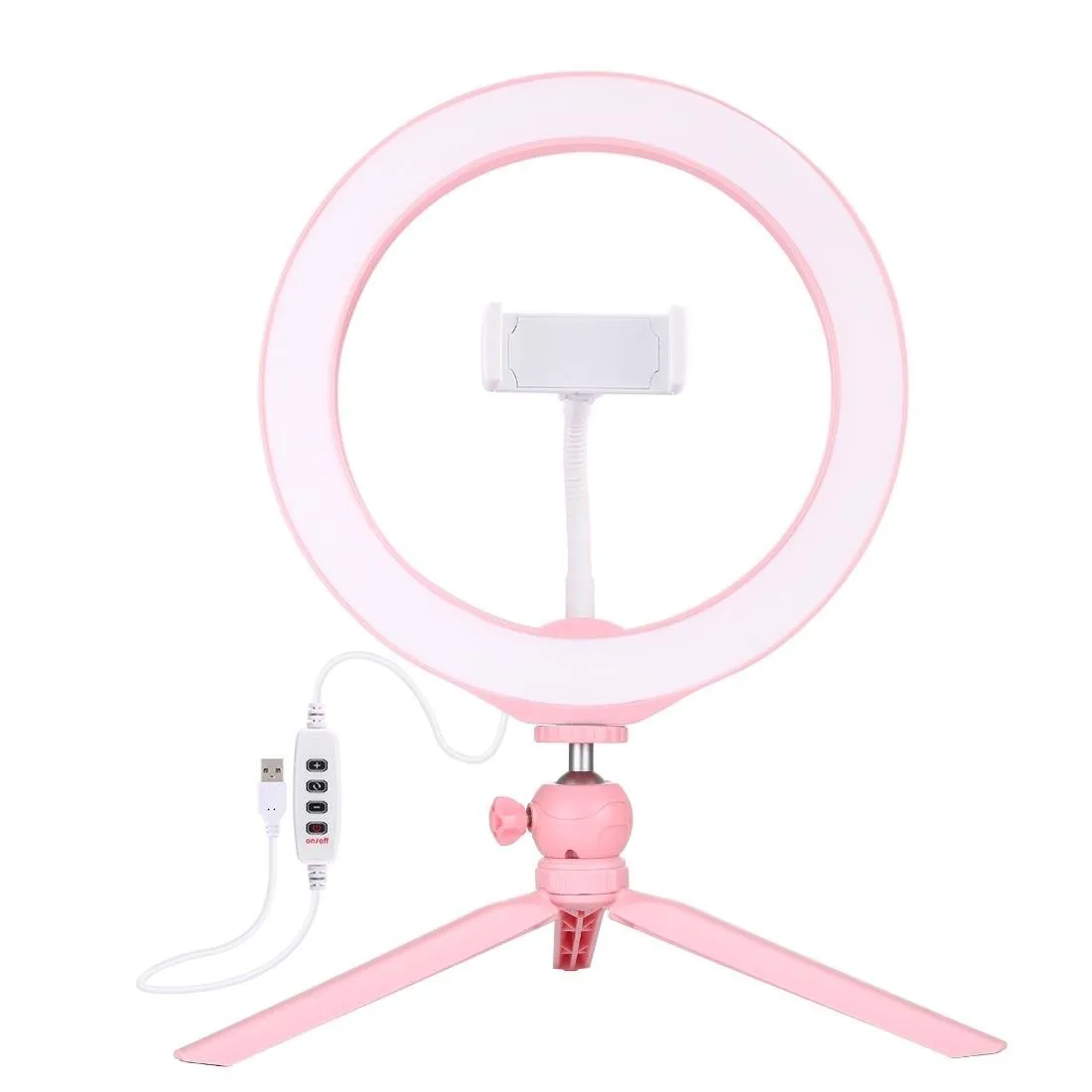 10.2" Selfie Beauty Light with Tripod Mount & USB 3 Modes Dimmable LED Ring for Vlogging & Photography | Cold Shoe Ball Head & Phone Clamp | Black