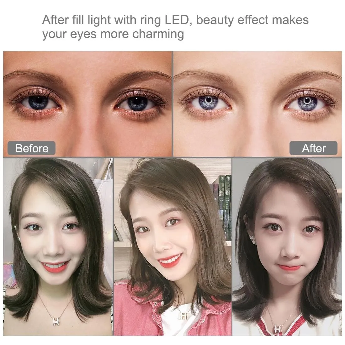 10.2" Selfie Beauty Light with Tripod Mount & USB 3 Modes Dimmable LED Ring for Vlogging & Photography | Cold Shoe Ball Head & Phone Clamp | Black