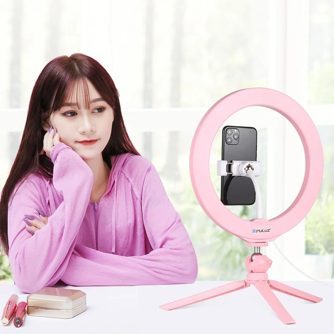 10.2" Selfie Beauty Light with Tripod Mount & USB 3 Modes Dimmable LED Ring for Vlogging & Photography | Cold Shoe Ball Head & Phone Clamp | Black