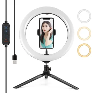 10.2" Selfie Beauty Light with Tripod Mount & USB 3 Modes Dimmable LED Ring for Vlogging & Photography | Cold Shoe Ball Head & Phone Clamp | Black
