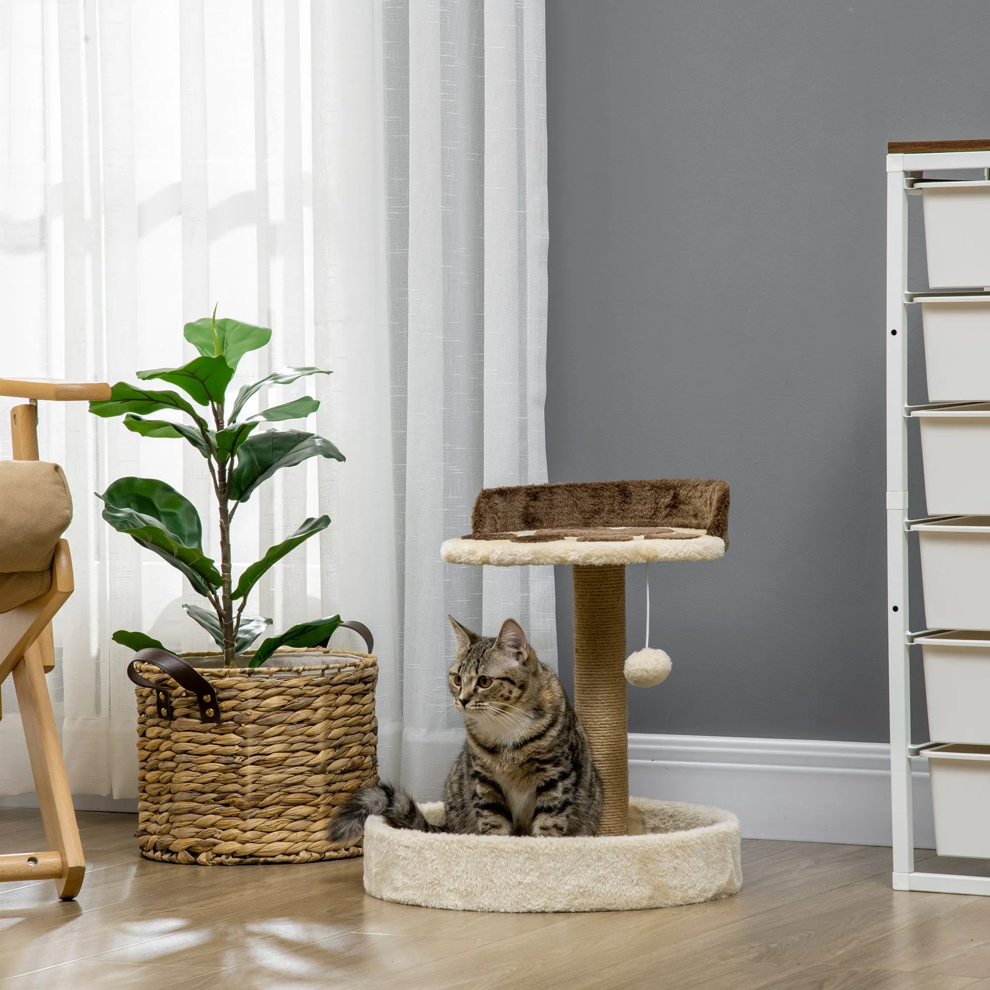 PawHut 44cm Cat Tree with Sisal Cat Scratching Post, Toy Ball - Brown